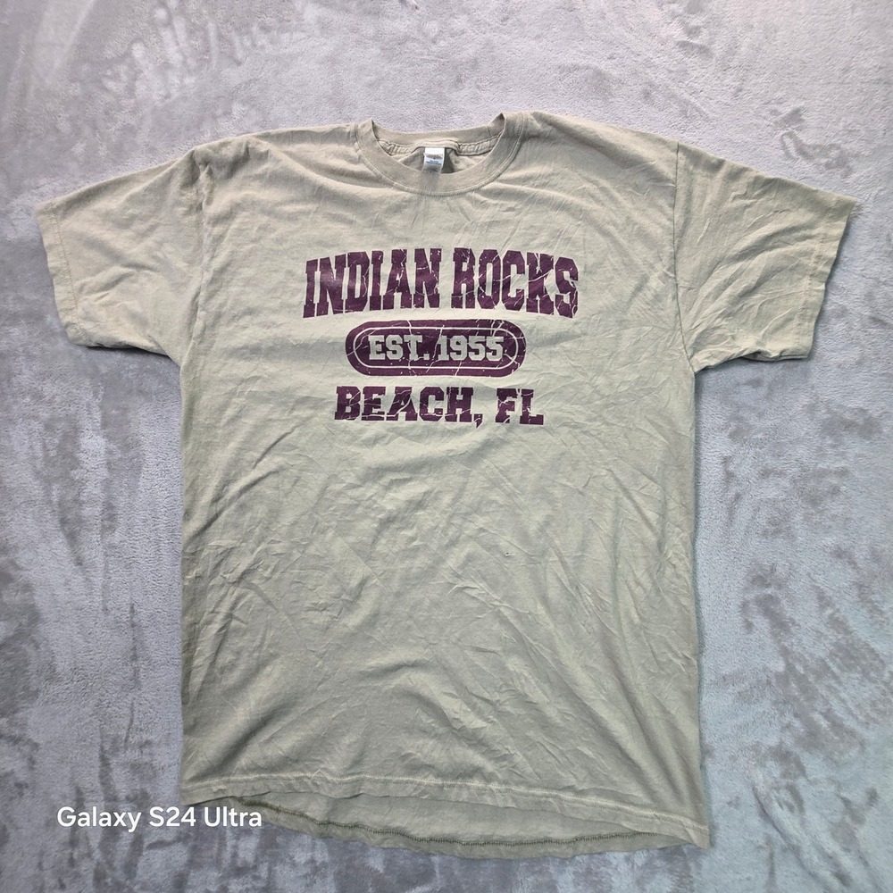 Indian Rocks Beach FL T-Shirt Mens Large Tan Distressed Graphic Est 1955 Cotton